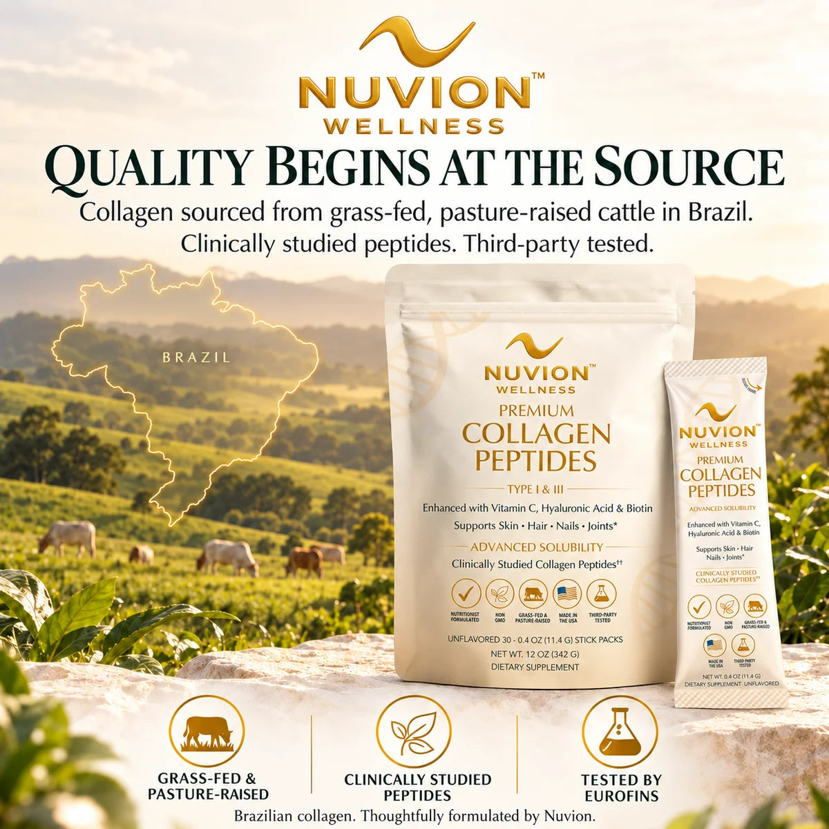 Nuvion Wellness Premium Collagen Peptides – Unflavored | 30 Stick Packs
